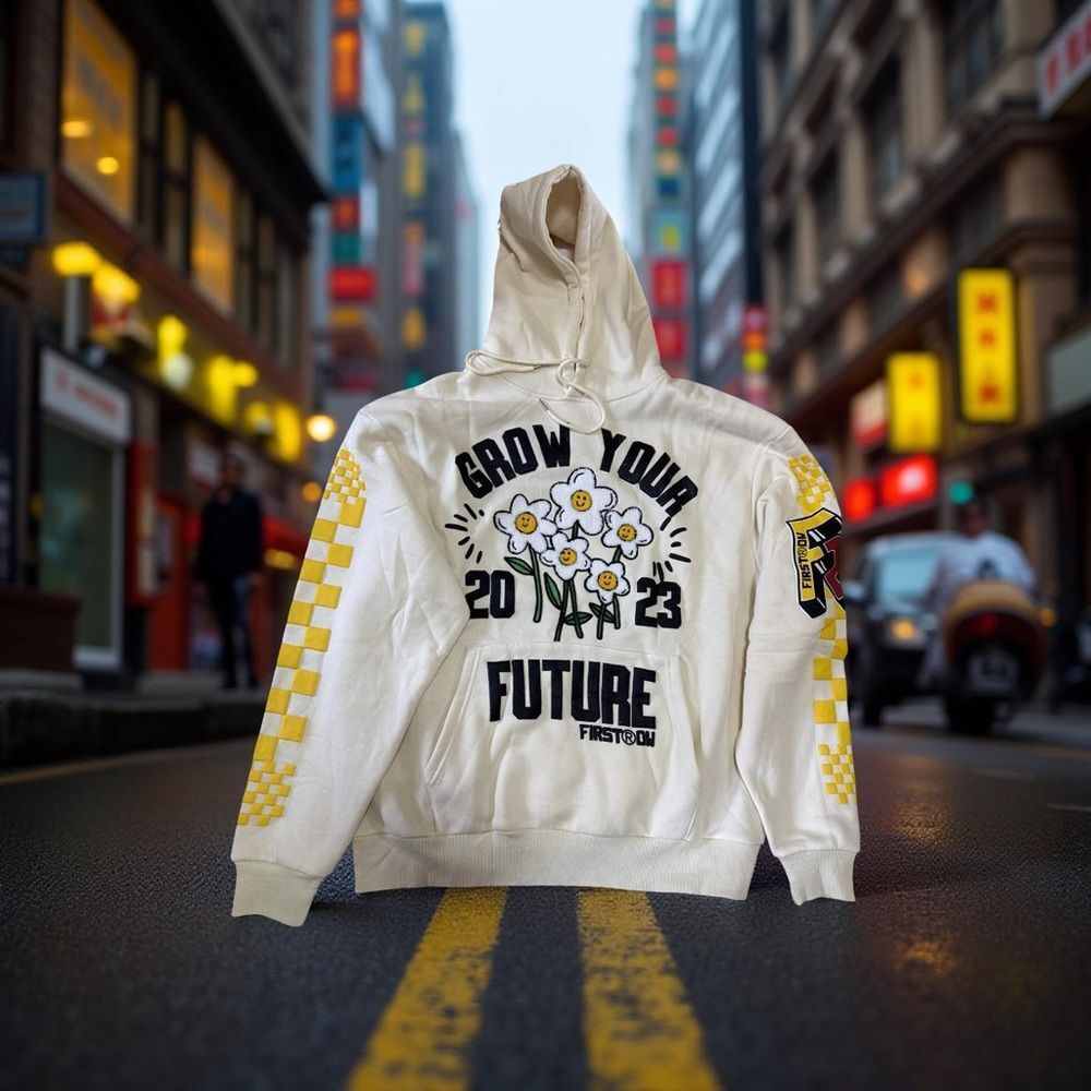 First Row Grow Your Future Hoodie Men's Large Cream Graphic Streetwear Pullover